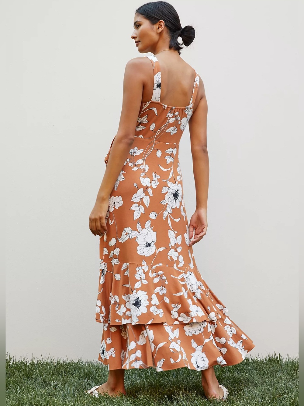 NWT Anthropologie Ruffled Floral Midi Dress Brown L Large - Picture 2 of 4